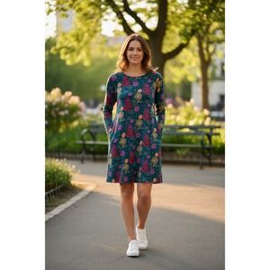 American Apparel Medium Floral Long Sleeve Shift Dress Teal Botanical Print